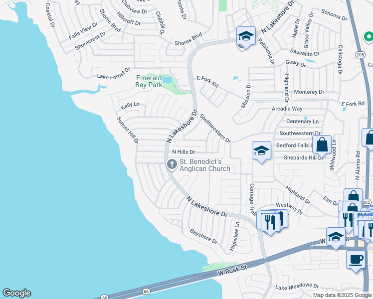 map of restaurants, bars, coffee shops, grocery stores, and more near 1588 North Hills Drive in Rockwall