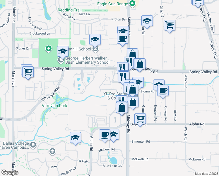 map of restaurants, bars, coffee shops, grocery stores, and more near 4000 Parkside Center Boulevard in Farmers Branch