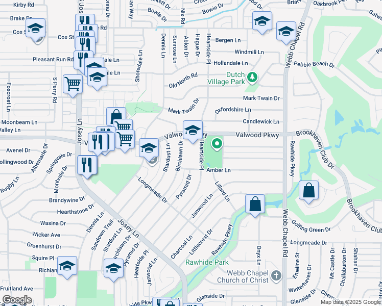 map of restaurants, bars, coffee shops, grocery stores, and more near 2807 Amber Lane in Farmers Branch