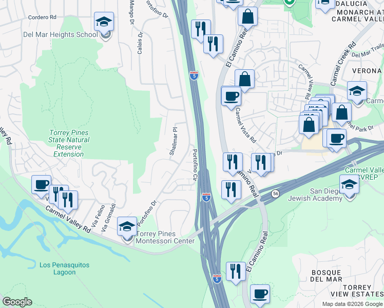 map of restaurants, bars, coffee shops, grocery stores, and more near 13074 Caminito Cristobal in Del Mar