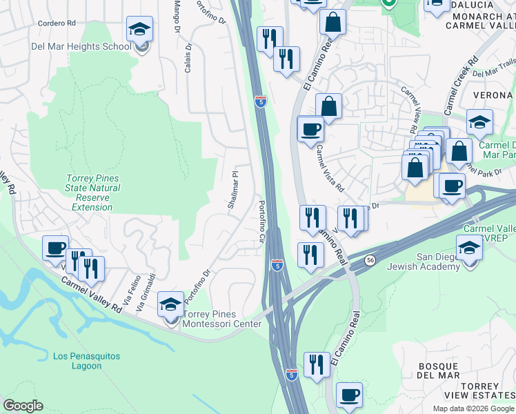 map of restaurants, bars, coffee shops, grocery stores, and more near 2752 Caminito Eldorado in Del Mar