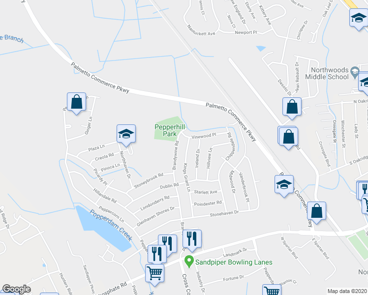 map of restaurants, bars, coffee shops, grocery stores, and more near 7685 Kings Grant Lane in North Charleston