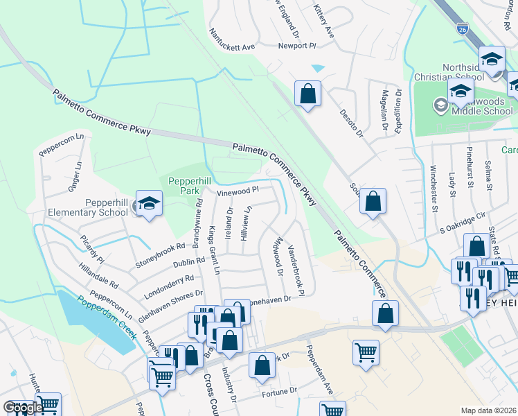 map of restaurants, bars, coffee shops, grocery stores, and more near 7632 Hillview Lane in North Charleston