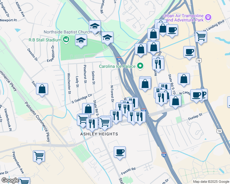 map of restaurants, bars, coffee shops, grocery stores, and more near 7477 Northside Drive in North Charleston