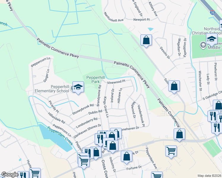 map of restaurants, bars, coffee shops, grocery stores, and more near 7629 Ireland Drive in North Charleston