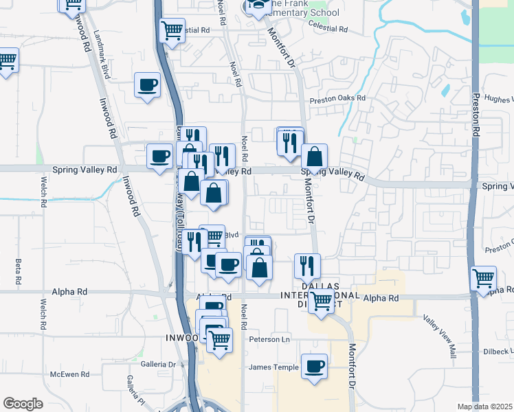 map of restaurants, bars, coffee shops, grocery stores, and more near 13900 Noel Road in Dallas