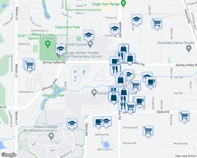 map of restaurants, bars, coffee shops, grocery stores, and more near 4000 Parkside Center Boulevard in Farmers Branch