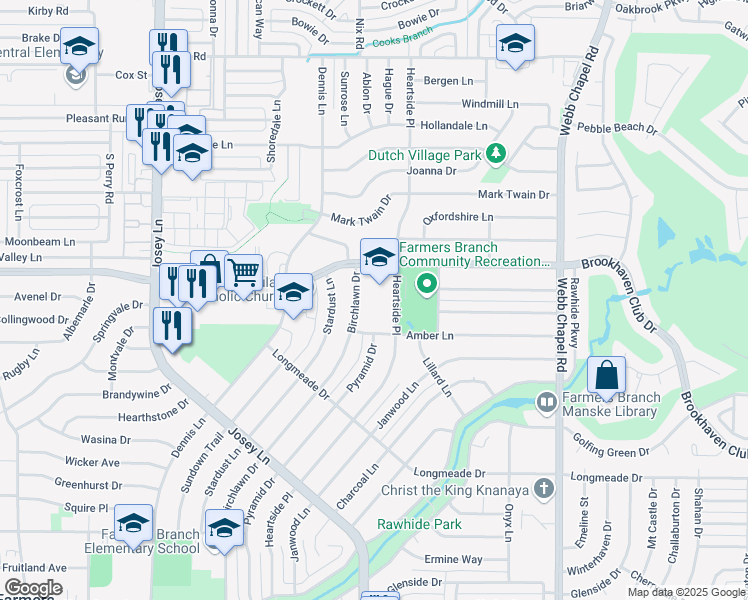 map of restaurants, bars, coffee shops, grocery stores, and more near 2807 Amber Lane in Farmers Branch