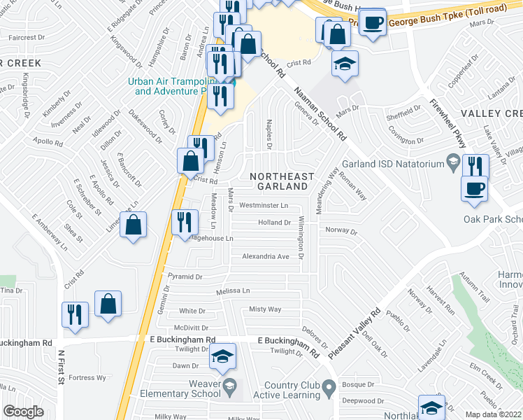 map of restaurants, bars, coffee shops, grocery stores, and more near 1056 Holland Drive in Garland