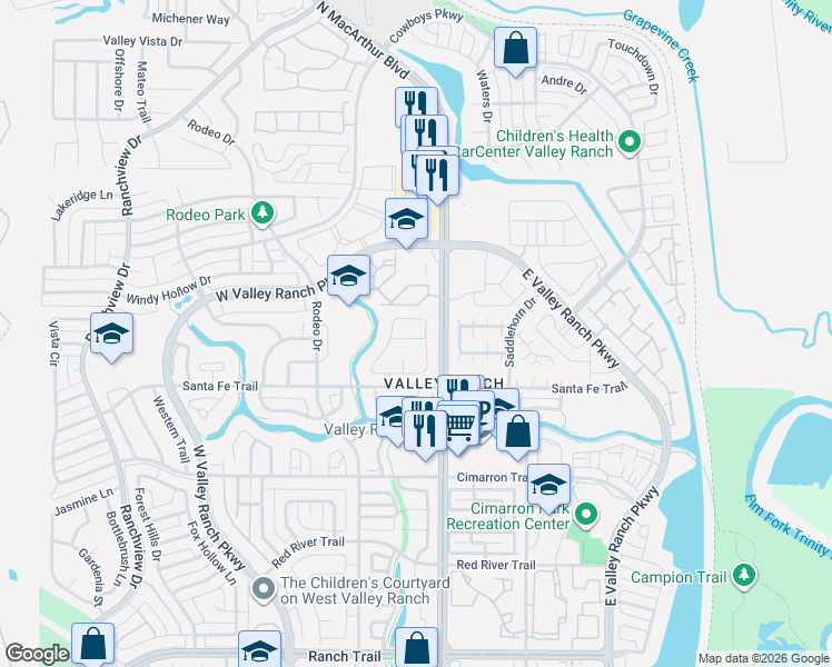 map of restaurants, bars, coffee shops, grocery stores, and more near 9410 Los Alamos Trail in Irving