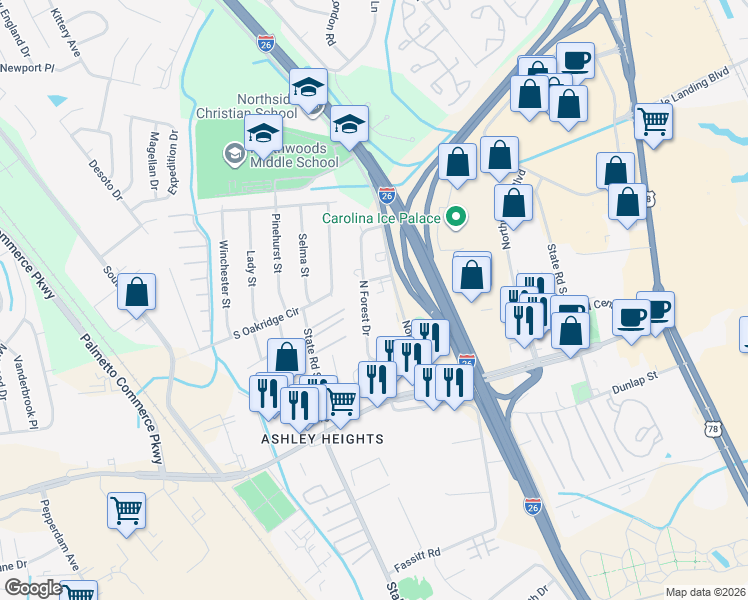 map of restaurants, bars, coffee shops, grocery stores, and more near 7477 Northside Drive in North Charleston