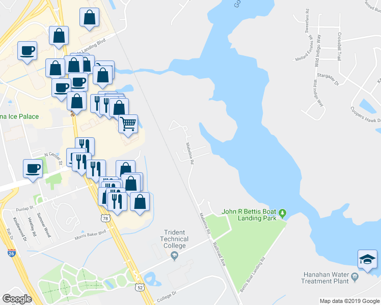 map of restaurants, bars, coffee shops, grocery stores, and more near 5000 Mabeline Road in Hanahan