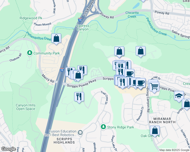 map of restaurants, bars, coffee shops, grocery stores, and more near 10294 Scripps Poway Parkway in San Diego