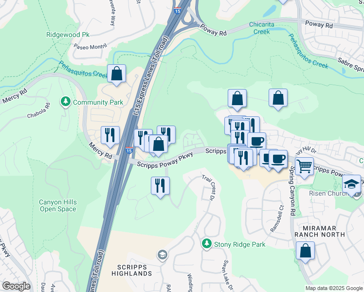 map of restaurants, bars, coffee shops, grocery stores, and more near 10334 Scripps Poway Parkway in San Diego