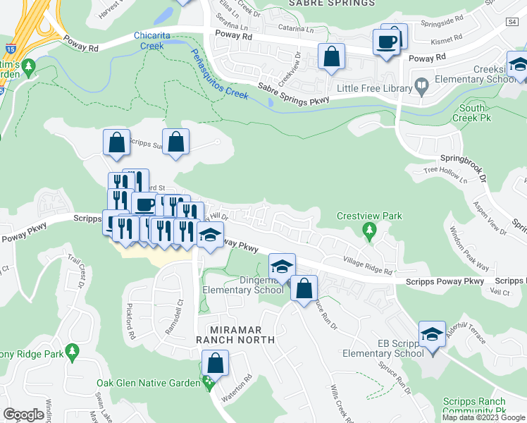 map of restaurants, bars, coffee shops, grocery stores, and more near 10960 Ivy Hill Drive in San Diego
