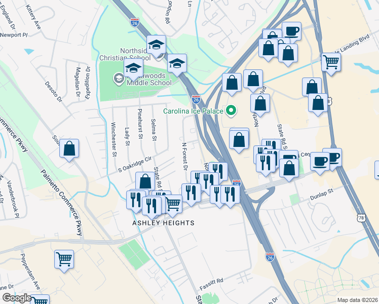 map of restaurants, bars, coffee shops, grocery stores, and more near 7477 Northside Drive in North Charleston