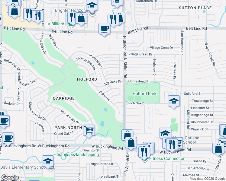 map of restaurants, bars, coffee shops, grocery stores, and more near 2545 Pebblestone Drive in Garland