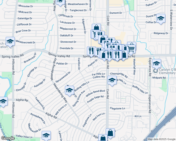 map of restaurants, bars, coffee shops, grocery stores, and more near 13939 Far Hills Lane in Dallas