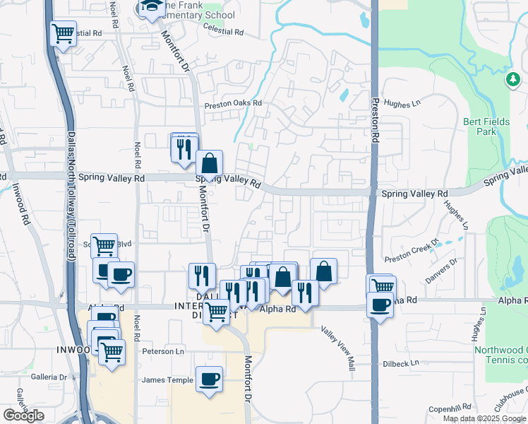 map of restaurants, bars, coffee shops, grocery stores, and more near 5630 Spring Valley Road in Dallas