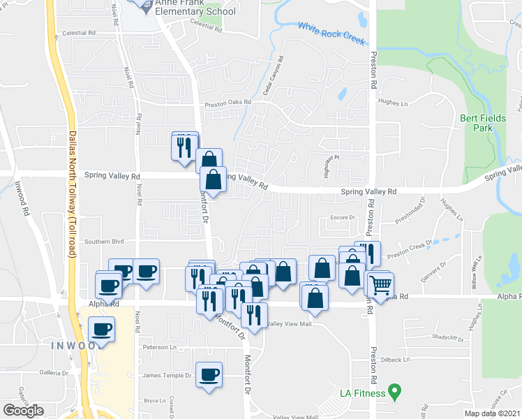 map of restaurants, bars, coffee shops, grocery stores, and more near 5630 Spring Valley Road in Dallas