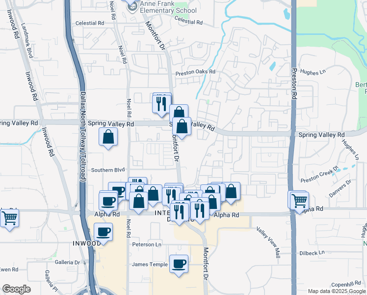 map of restaurants, bars, coffee shops, grocery stores, and more near 13920 Montfort Drive in Dallas