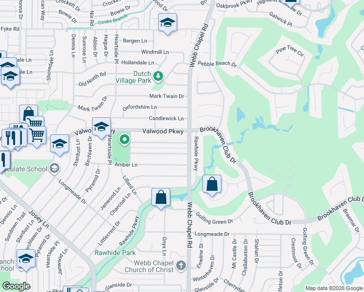 map of restaurants, bars, coffee shops, grocery stores, and more near 3046 Topaz Lane in Farmers Branch