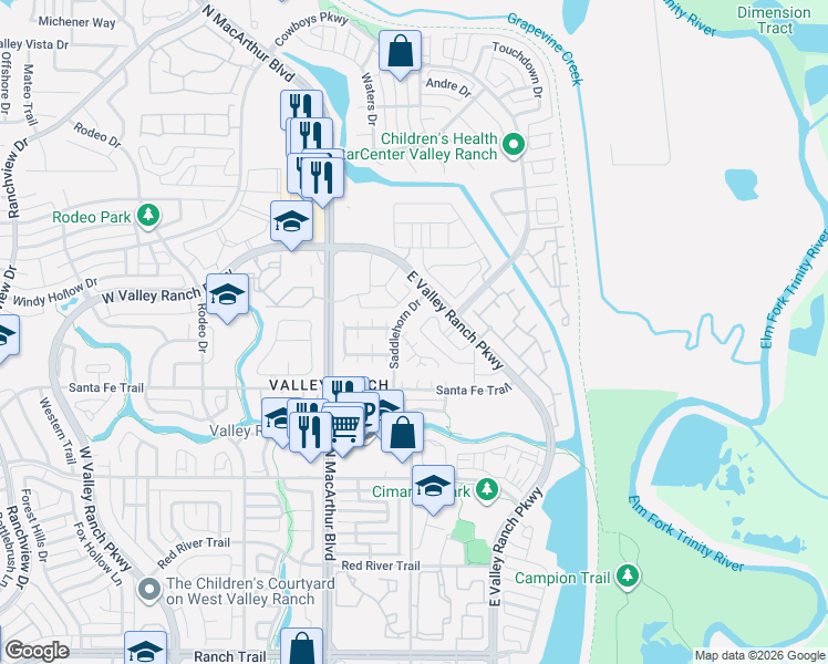 map of restaurants, bars, coffee shops, grocery stores, and more near 900 Silverstone Lane in Irving