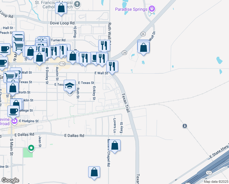 map of restaurants, bars, coffee shops, grocery stores, and more near 1022 Texan Trail in Grapevine