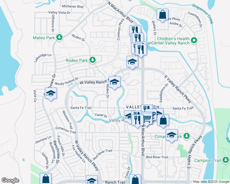 map of restaurants, bars, coffee shops, grocery stores, and more near 9800 Rodeo Drive in Irving