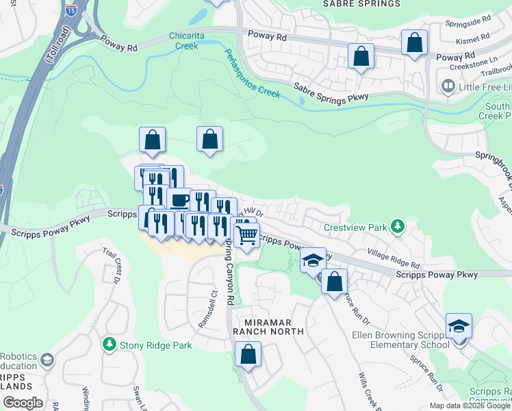 map of restaurants, bars, coffee shops, grocery stores, and more near 10914 Ivy Hill Drive in San Diego