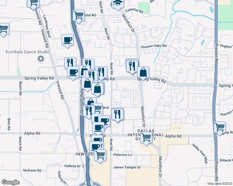 map of restaurants, bars, coffee shops, grocery stores, and more near 13970 Noel Road in Dallas