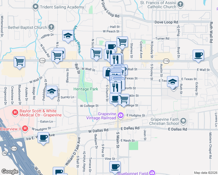 map of restaurants, bars, coffee shops, grocery stores, and more near 314 South Church Street in Grapevine