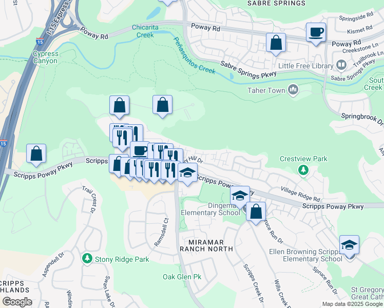 map of restaurants, bars, coffee shops, grocery stores, and more near 10872 Ivy Hill Drive in San Diego