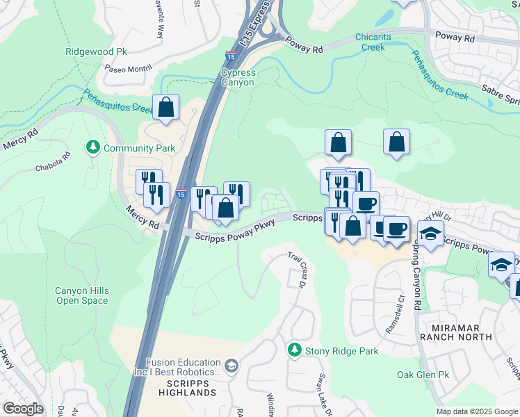 map of restaurants, bars, coffee shops, grocery stores, and more near 10354 Scripps Poway Parkway in San Diego