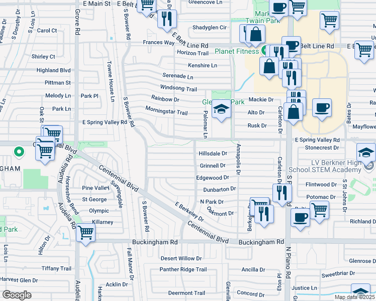 map of restaurants, bars, coffee shops, grocery stores, and more near 1113 East Spring Valley Road in Richardson