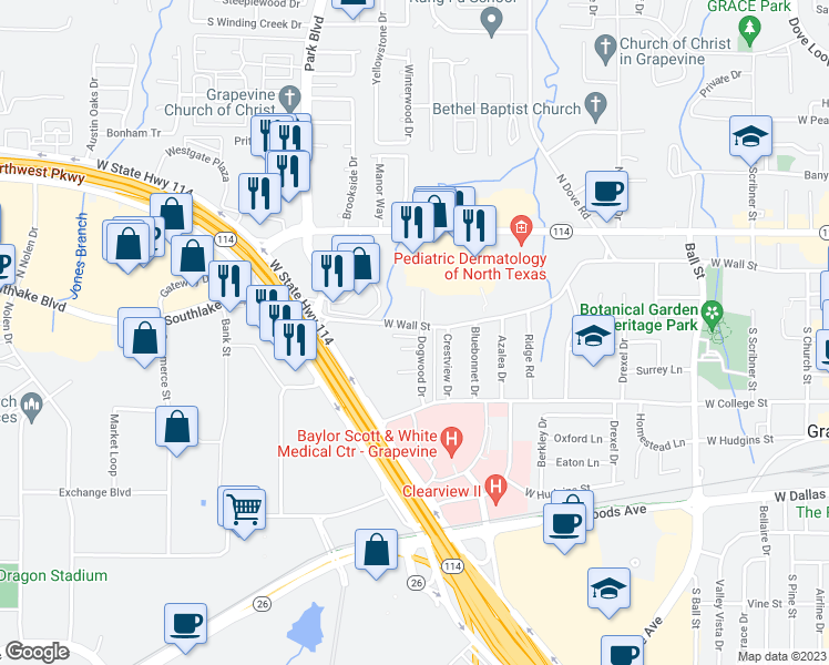 map of restaurants, bars, coffee shops, grocery stores, and more near 1850 West Wall Street in Grapevine