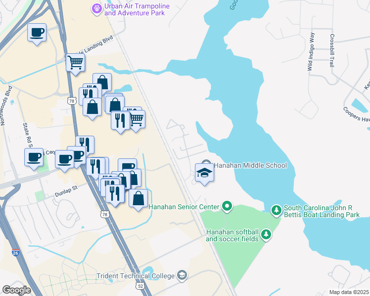 map of restaurants, bars, coffee shops, grocery stores, and more near 5200 Mabeline Road in Hanahan
