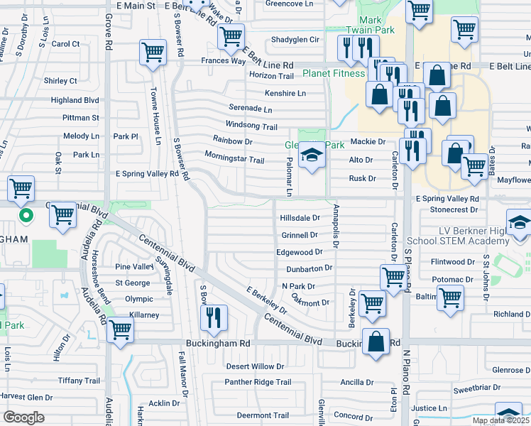 map of restaurants, bars, coffee shops, grocery stores, and more near 1113 East Spring Valley Road in Richardson