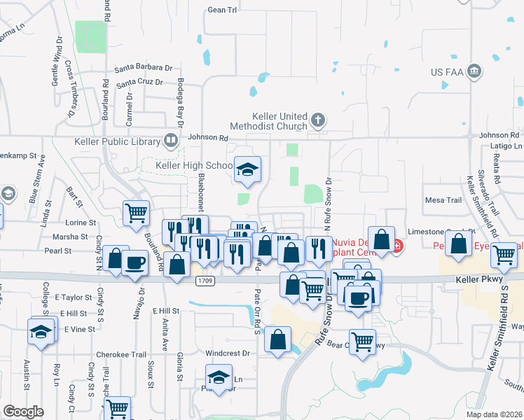 map of restaurants, bars, coffee shops, grocery stores, and more near 901 Meadow Circle North in Keller