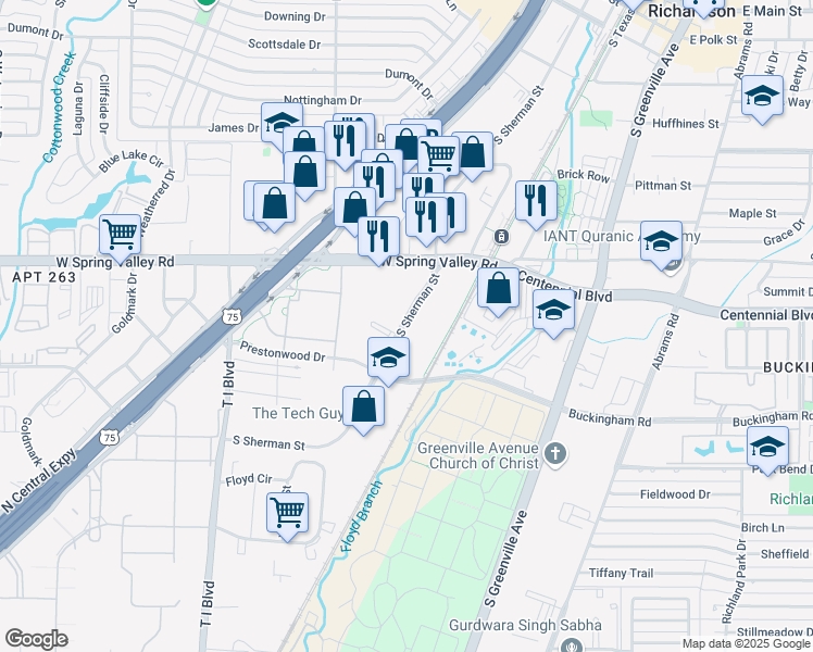 map of restaurants, bars, coffee shops, grocery stores, and more near 1055 Sherman Street in Richardson