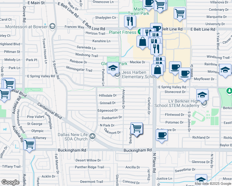 map of restaurants, bars, coffee shops, grocery stores, and more near 1203 Hillsdale Drive in Richardson