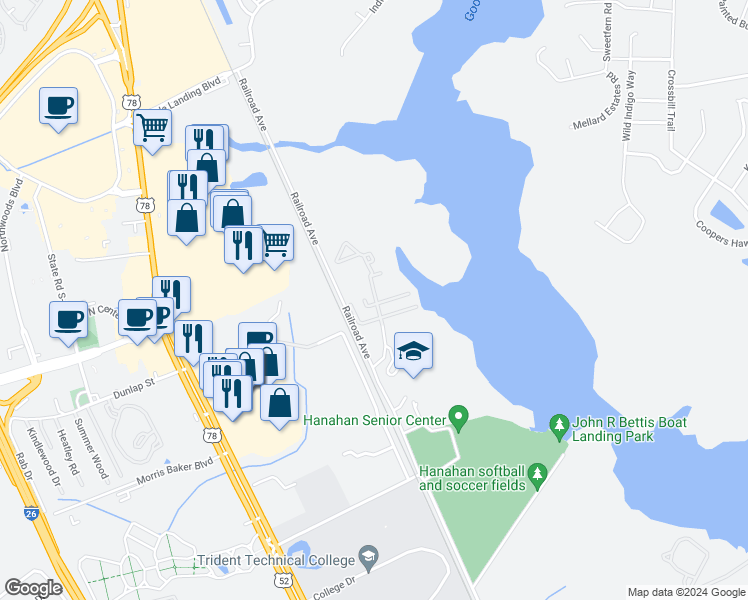 map of restaurants, bars, coffee shops, grocery stores, and more near 5200 Mabeline Road in Hanahan