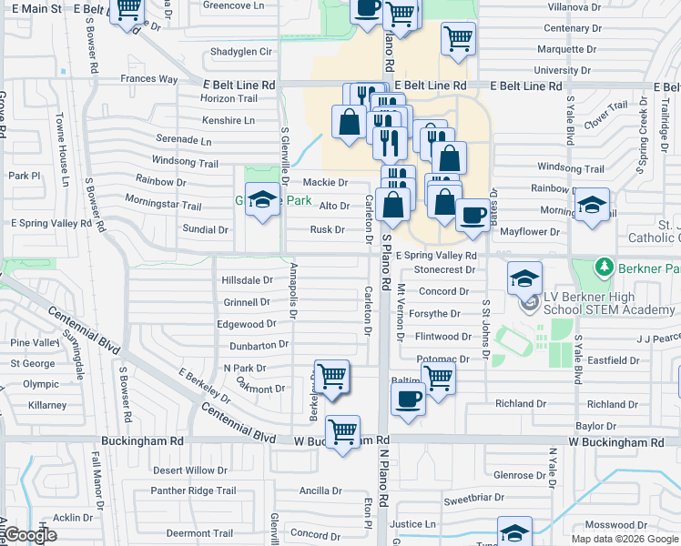 map of restaurants, bars, coffee shops, grocery stores, and more near 1316 East Spring Valley Road in Richardson