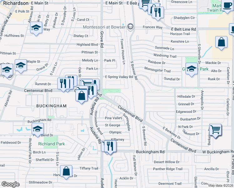 map of restaurants, bars, coffee shops, grocery stores, and more near 632 Woodhaven Place in Richardson
