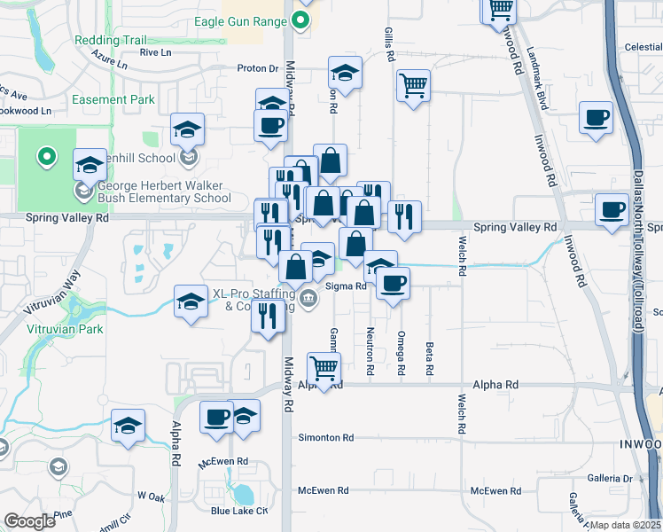 map of restaurants, bars, coffee shops, grocery stores, and more near 13890 Midway Road in Farmers Branch