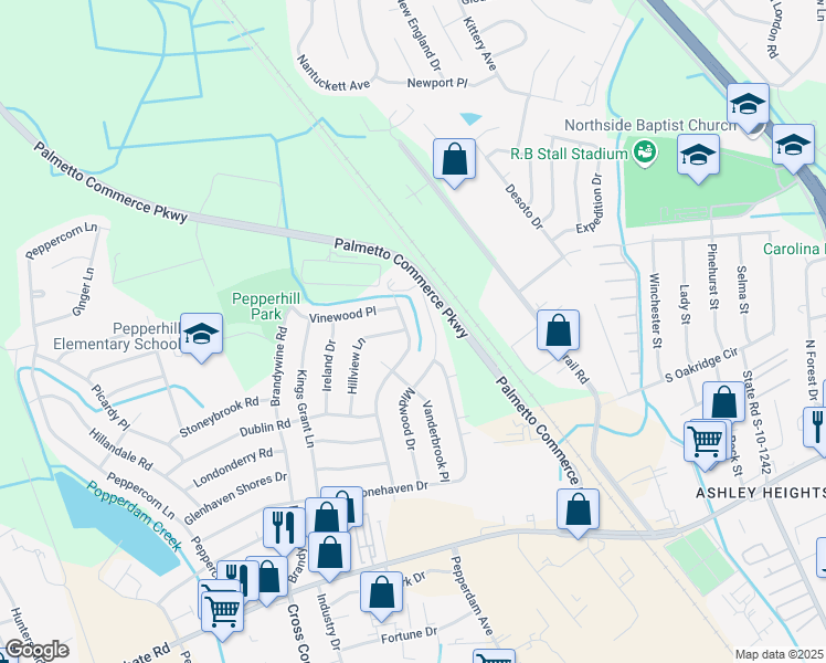 map of restaurants, bars, coffee shops, grocery stores, and more near 7694 Chippendale Road in North Charleston