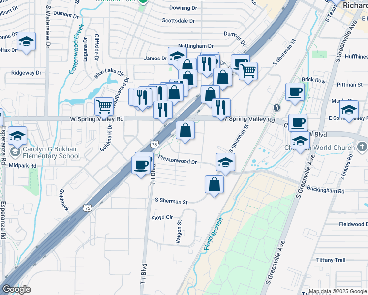 map of restaurants, bars, coffee shops, grocery stores, and more near 901 South Central Expressway in Richardson