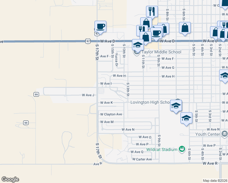 map of restaurants, bars, coffee shops, grocery stores, and more near 15th Street in Lovington