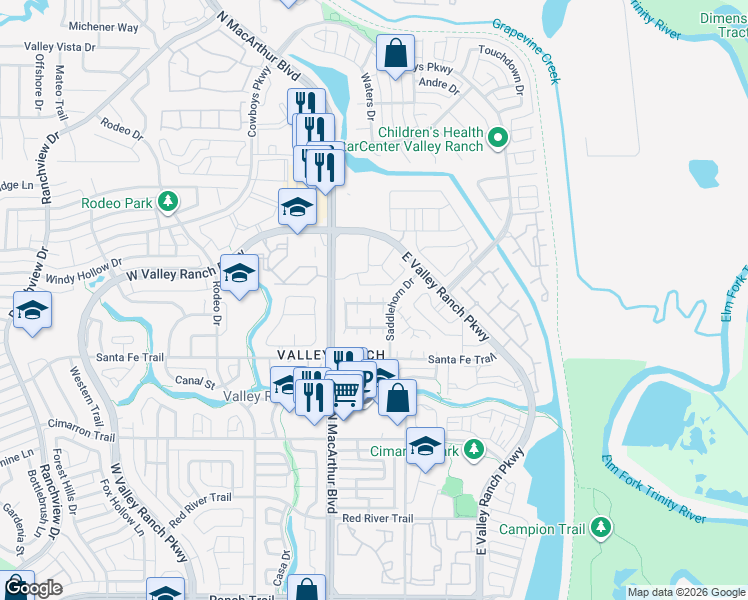 map of restaurants, bars, coffee shops, grocery stores, and more near 9808 North MacArthur Boulevard in Irving
