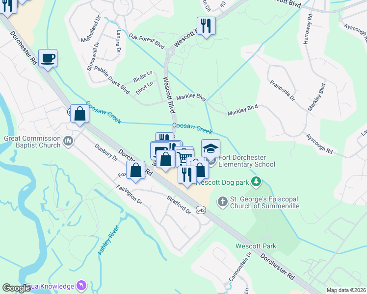 map of restaurants, bars, coffee shops, grocery stores, and more near 9580 Old Glory Lane in Summerville